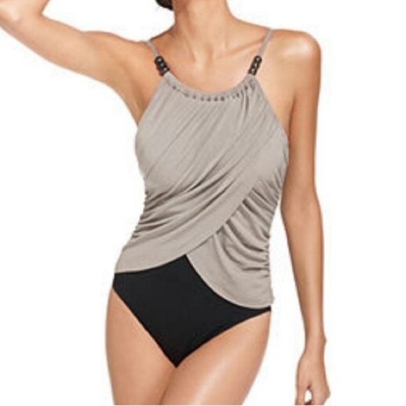 MagicSuit by Miraclesuit Lisa Taupe Gray Black Slimming One Piece Swimsuit 10 - Picture 1 of 8